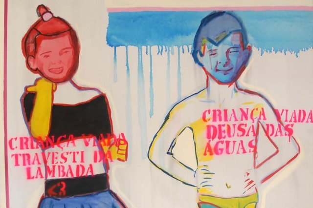 Obra que estar&aacute; na exposi&ccedil;&atilde;o Queermuseu, do Santander Cultural, a partir de 15 de agosto de 2017.BIA LEITETravesti da lambada e deusa das &aacute;guas, 2013100x100cmAcr&iacute;lica, &oacute;leo e spray sobre telaCole&ccedil;&atilde;o da artista