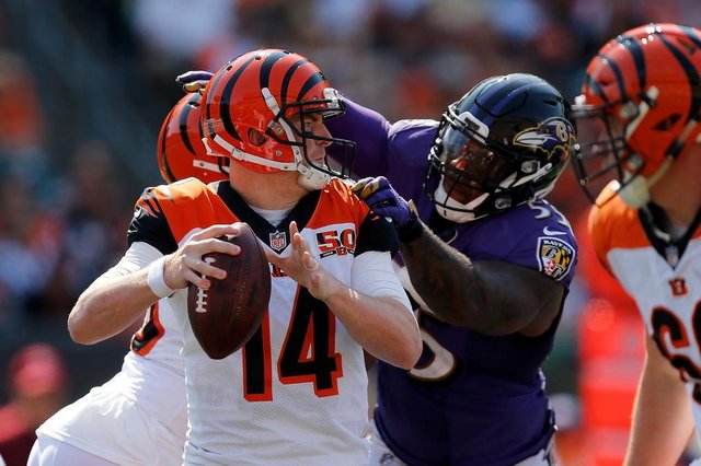 Baltimore Ravens v Cincinnati BengalsCINCINNATI, OH - SEPTEMBER 10: Terrell Suggs #55 of the Baltimore Ravens sacks Andy Dalton #14 of the Cincinnati Bengals during the fourth quarter at Paul Brown Stadium on September 10, 2017 in Cincinnati, Ohio. Michael Reaves/Getty Images/AFPEditoria: SPOLocal: CincinnatiIndexador: Michael ReavesSecao: American FootballFonte: GETTY IMAGES NORTH AMERICAFotógrafo: STR Baltimore Ravens v Cincinnati BengalsCINCINNATI, OH - SEPTEMBER 10: Terrell Suggs #55 of the Baltimore Ravens sacks Andy Dalton #14 of the Cincinnati Bengals during the fourth quarter at Paul Brown Stadium on September 10, 2017 in Cincinnati, Ohio. Michael Reaves/Getty Images/AFPEditoria: SPOLocal: CincinnatiIndexador: Michael ReavesSecao: American FootballFonte: GETTY IMAGES NORTH AMERICAFotógrafo: STR