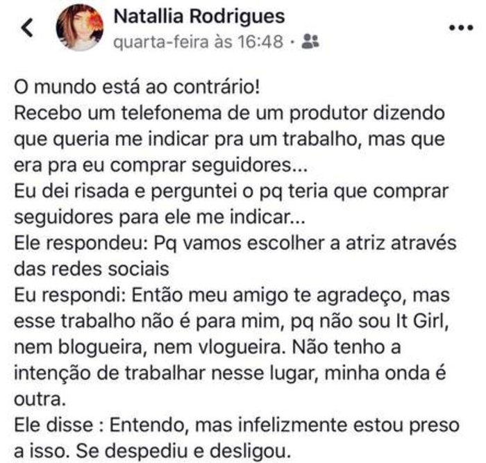 Natallia Rodrigues desabafa no Facebook. Atriz diz ter perdido oportunidade de trabalho por falta de seguidores. Natallia Rodrigues desabafa no Facebook. Atriz diz ter perdido oportunidade de trabalho por falta de seguidores.