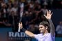 Switzerlands Roger Federer celebrates his victory against Frances Adrian Mannarino during their quarter-final game at the Swiss Indoors ATP 500 tennis tournament on October 27, 2017 in Basel. / AFP PHOTO / Fabrice COFFRINI