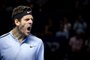 Argentina's Juan Martin Del Potro reacts after a winning point during his quarter-final game against Spain's Roberto Bautista Agut at the Swiss Indoors ATP 500 tennis tournament on October 27, 2017 in Basel. / AFP PHOTO / Fabrice COFFRINI