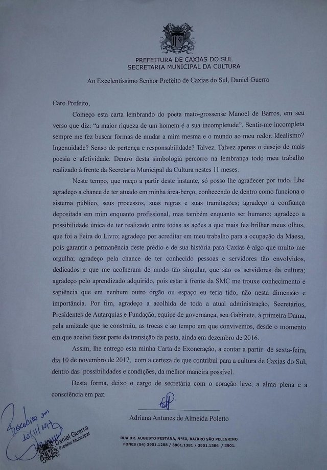 Carta de pedido de exoneração da secretária da Cultura de Caxias do Sul, Adriana Antunes. Carta de pedido de exoneração da secretária da Cultura de Caxias do Sul, Adriana Antunes.