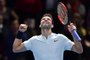 Bulgarias Grigor Dimitrov celebrates his three set victory over Austrias Dominic Thiem during day two of the ATP World Tour Finals tennis tournament at the O2 Arena in London on November 13, 2017. / AFP PHOTO / Glyn KIRK