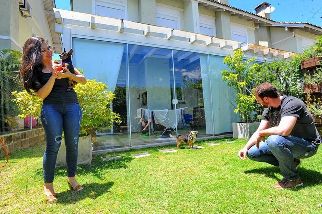 Santa Maria, RS, Brasil, 09/11/2017.Temática PetAdestramento para cães fazer xixi no lugar certo. Roberto e esposa com os cachorros Dudu e Beiçola. Santa Maria, RS, Brasil, 09/11/2017.Temática PetAdestramento para cães fazer xixi no lugar certo. Roberto e esposa com os cachorros Dudu e Beiçola.