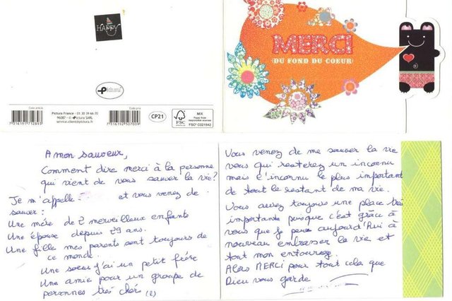 Odete Lopes de Lima, 60 anos, doadora de medula. mora em Treze Tílias, no Meio-Oeste catarinense.Na imagem, CARTÃO QUE VEIO DA RECEPTORA DA FRANÇA Odete Lopes de Lima, 60 anos, doadora de medula. mora em Treze Tílias, no Meio-Oeste catarinense.Na imagem, CARTÃO QUE VEIO DA RECEPTORA DA FRANÇA