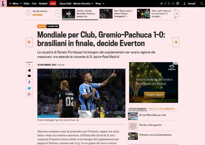 Reprodução / GAZZETTA DELLO SPORT Reprodução / GAZZETTA DELLO SPORT