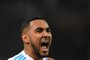 Olympique de Marseilles French forward Dimitri Payet reacts after scoring during the French L1 football match Marseille vs Strasbourg on January 16, 2018 at the Velodrome stadium in Marseille, southern France.  / AFP PHOTO / ANNE-CHRISTINE POUJOULAT