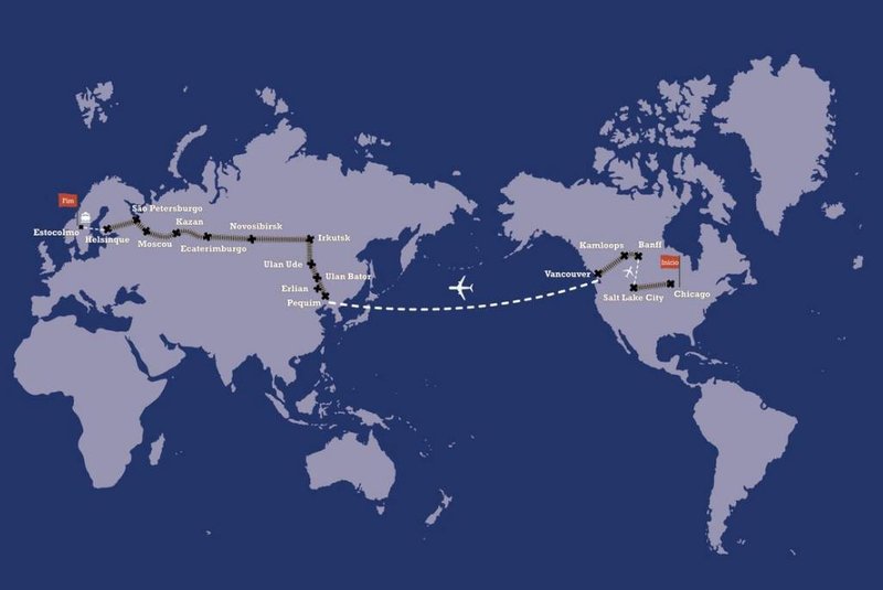 Mapa Volta ao Mundo de Trem, da Trains & Tours.