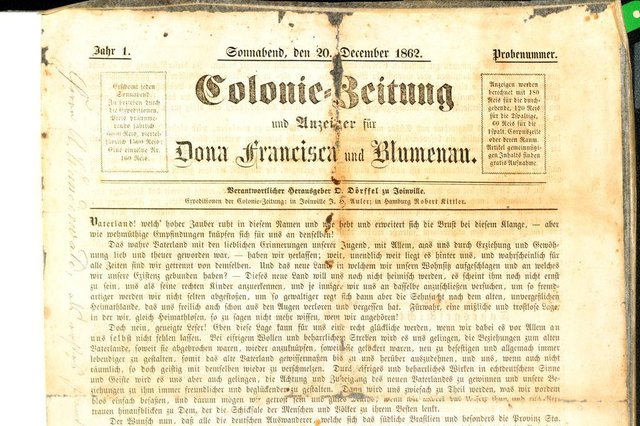 primeira edição do Kolonie Zeitung, jornal criado por Ottokar Doerffel primeira edição do Kolonie Zeitung, jornal criado por Ottokar Doerffel