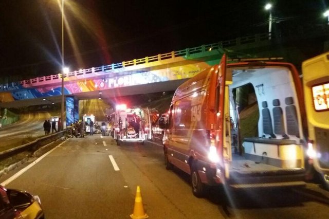 Um veículo com seis ocupantes capotou na madrugada desta sexta-feira no início da Via Expressa, em Florianópolis Um veículo com seis ocupantes capotou na madrugada desta sexta-feira no início da Via Expressa, em Florianópolis