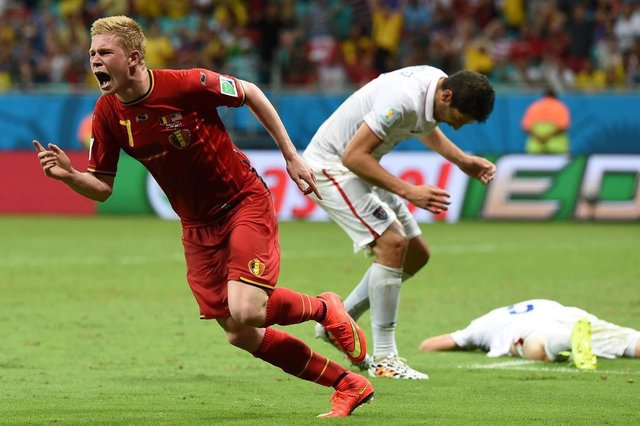 Belgiums midfielder Kevin De Bruyne celebrates after scoring during the first half of extra-time in the Round of 16 football match between Belgium and USA at Fonte Nova Arena in Salvador during the 2014 FIFA World Cup on July 1, 2014. AFP PHOTO/ FRANCISCO LEONG Belgiums midfielder Kevin De Bruyne celebrates after scoring during the first half of extra-time in the Round of 16 football match between Belgium and USA at Fonte Nova Arena in Salvador during the 2014 FIFA World Cup on July 1, 2014. AFP PHOTO/ FRANCISCO LEONG