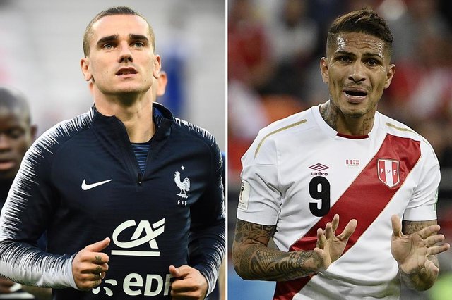 (COMBO) This combination photo created on June 19, 2018 shows Frances forward Antoine Griezmann in Nice on June 1, 2018 (L) and Perus forward Paolo Guerrero in Saransk on June 16, 2018. France will play Peru in their Russia 2018 World Cup Group C football match at the Ekaterinburg Arena in Ekaterinburg on June 21, 2018. / AFP PHOTO / Franck FIFE AND Filippo MONTEFORTE (COMBO) This combination photo created on June 19, 2018 shows Frances forward Antoine Griezmann in Nice on June 1, 2018 (L) and Perus forward Paolo Guerrero in Saransk on June 16, 2018. France will play Peru in their Russia 2018 World Cup Group C football match at the Ekaterinburg Arena in Ekaterinburg on June 21, 2018. / AFP PHOTO / Franck FIFE AND Filippo MONTEFORTE