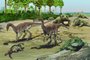  Uma nova espécie de dinossauro encontrada no Rio Grande do Sul foi apresentada nesta sexta-feira (25) em publicação no periódico científico Zoological Journal of the Linnean Society. Encontrado em Agudo, na Região Central, o Bagualosaurus agudoensis (NA IMAGEM, A DUPLA AO CENTRO, COM PESCOÇO COMPRIDO) traz informações importantes sobre as primeiras espécies desses animais que habitaram o planeta durante o período Triássico. 