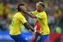  Brazils midfielder Paulinho celebrates, with Brazils forward Neymar (R), after scoring Brazils opening goal during the Russia 2018 World Cup Group E football match between Serbia and Brazil at the Spartak Stadium in Moscow on June 27, 2018. / AFP PHOTO / YURI CORTEZ / RESTRICTED TO EDITORIAL USE - NO MOBILE PUSH ALERTS/DOWNLOADSEditoria: SPOLocal: MoscowIndexador: YURI CORTEZSecao: soccerFonte: AFPFotógrafo: STF