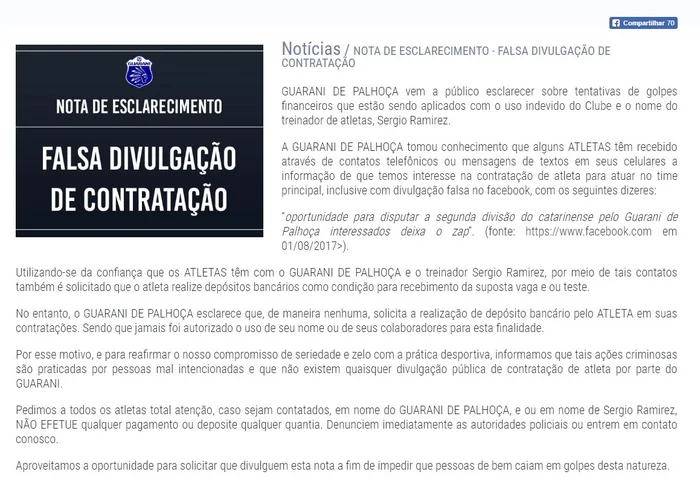 Reprodução / Site Guarani de Palhoça Reprodução / Site Guarani de Palhoça