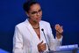  Brazilian presidential candidate Marina Silva (Rede) speaks during the first presidential debate ahead of the October 7 general election, at Bandeirantes television network in Sao Paulo, Brazil, on August 9, 2018.  / AFP PHOTO / Nelson ALMEIDAEditoria: POLLocal: Sao PauloIndexador: NELSON ALMEIDASecao: political candidatesFonte: AFPFotógrafo: STF