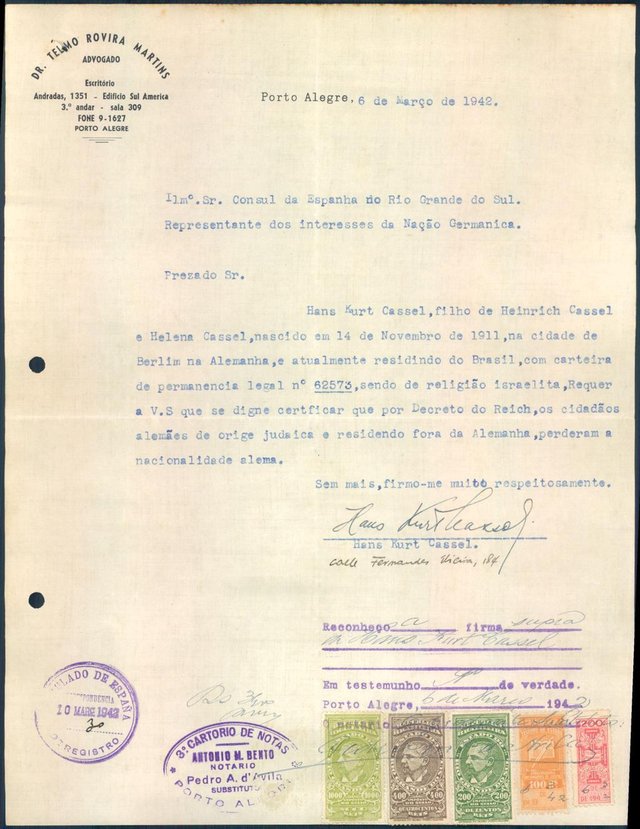 03 ¿ pedido de homem judeu para que fosse declarada a perda de cidadania alemã. Desta forma, poderia requisitar nacionalidade brasileira.Reprodução de documentos que provam que a Espanha estava do lado dos Alemães na segunda guerra mundial 03 ¿ pedido de homem judeu para que fosse declarada a perda de cidadania alemã. Desta forma, poderia requisitar nacionalidade brasileira.Reprodução de documentos que provam que a Espanha estava do lado dos Alemães na segunda guerra mundial
