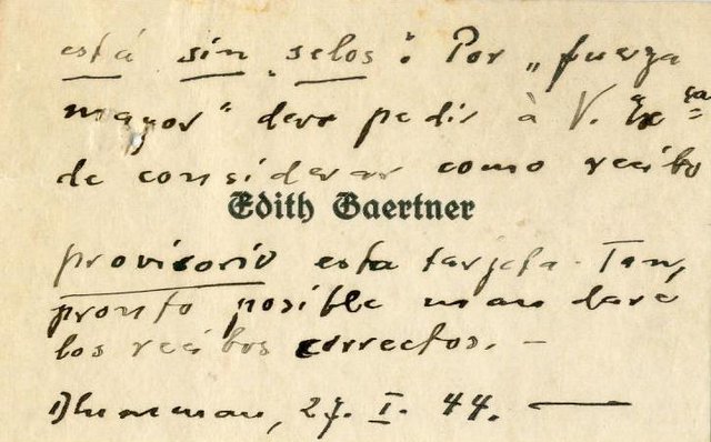 12 ¿ bilhete de Edith Gaertner cobrando o pagamento do aluguel pelo prédio da embaixada alemã em Blumenau.Reprodução de documentos que provam que a Espanha estava do lado dos Alemães na segunda guerra mundial 12 ¿ bilhete de Edith Gaertner cobrando o pagamento do aluguel pelo prédio da embaixada alemã em Blumenau.Reprodução de documentos que provam que a Espanha estava do lado dos Alemães na segunda guerra mundial