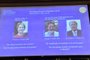  A screen displays portraits of Frances H Arnold of the United States, George P Smith of the United States and Gregory P Winter of Great Britain during the announcement of the winners of the 2018 Nobel Prize in Chemestry at the Royal Swedish Academy of Sciences on October 3, 2018 in Stockholm.The Nobel Prize laureates for chemistry 2018 Frances H Arnold of the United States won one half of the prize, while George P Smith of the United States and Gregory P Winter of Great Britain shared the other half. / AFP PHOTO / TT News Agency / Jonas EKSTROMER / Sweden OUTEditoria: HUMLocal: StockholmIndexador: JONAS EKSTROMERSecao: chemistryFonte: TT News AgencyFotógrafo: STR