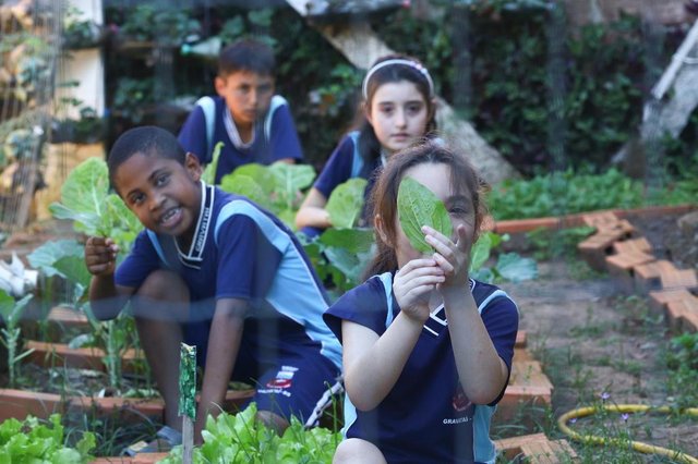  GRAVATAÍ, RS, BRASIL, 16/10/2018: Os alunos da Escola Dorival Cândido de Oliveira, em Gravataí, estão aprendendo sobre alimentação saudável e mantém uma horta nas dependências do colégio. Na foto, em primeiro plano: Isabela Ramos FreitasIndexador: ISADORA NEUMANN