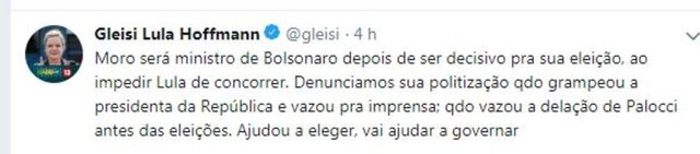 Gleisi Hoffmann se manifesta sobre anúncio do juiz Sergio Moro como ministro da Justiça e Segurança do governo de Jair Bolsonaro (PSL) Gleisi Hoffmann se manifesta sobre anúncio do juiz Sergio Moro como ministro da Justiça e Segurança do governo de Jair Bolsonaro (PSL)