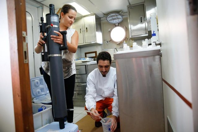 ITAJAÍ, SC, BRASIL, 10-12-2018: Embarcação de pesquisa com alunos de oceanografia da UFSC. Isis Batistelo, graduação, e Alex Cabral, mestrando: no laboratório úmido. ITAJAÍ, SC, BRASIL, 10-12-2018: Embarcação de pesquisa com alunos de oceanografia da UFSC. Isis Batistelo, graduação, e Alex Cabral, mestrando: no laboratório úmido.