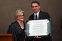 Brazilian President-elect Jair Bolsonaro displays a diploma that certifies he can take office as president, next to Electoral Supreme Court (TSE) president Justice Rosa Weber during a ceremony at the TSE in Brasilia, on December 10, 2018. - Bolsonaro takes office on January 1, 2019. (Photo by EVARISTO SA / AFP)
