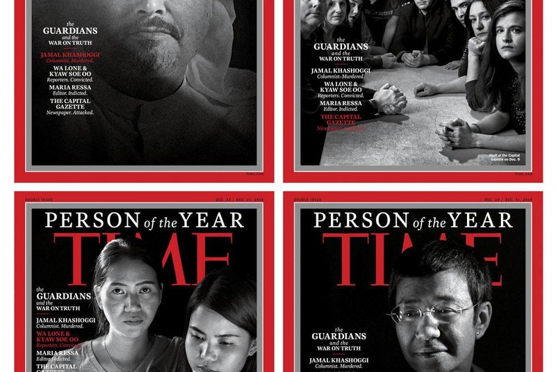Time magazine unveils its Person of the YearThis image obtained December 11, 2018 courtesy of Time magazine shows the covers for Time magazine Person of the Year December 24/December 31 2018. - Saudi journalist Jamal Khashoggi, who was murdered in October at his countrys Istanbul consulate, was on December 11, 2018 named Time magazines Person of the Year alongside several other journalists. The magazine also honored Philippine journalist Maria Ressa, Reuters reporters Wa Lone and Kyaw Soe Oo -- currently imprisoned in Myanmar -- and the staff of the Capital Gazette in Annapolis, Maryland, including five members killed in a June shooting. (Photo by Moises SAMAN / TIME Inc. / AFP) / RESTRICTED TO EDITORIAL USE - MANDATORY CREDIT AFP PHOTO / TIME MAGAZINE/MOISES SAMAN/HANDOUT - NO MARKETING NO ADVERTISING CAMPAIGNS - DISTRIBUTED AS A SERVICE TO CLIENTSEditoria: HUMLocal: New YorkIndexador: MOISES SAMANSecao: celebrityFonte: TIME Inc.Fotógrafo: STR