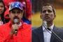 (COMBO) This combination of pictures created on February 02, 2019 shows Venezuelan President Nicolas Maduro (L) delivering a speech during a gathering with supporters to mark the 20th anniversary of the rise of power of the late Hugo Chavez, the leftist firebrand who installed a socialist government, in Caracas on February 2, 2019 and Opposition leader Juan Guaido delivering a speech during a gathering with thousands of supporters in Caracas on February 2, 2019. - Protesters flowed into the streets of Caracas Saturday, with flags and placards, many to support opposition leader Juan Guaido's calls for democratic elections and others to back embattled President Nicolas Maduro. (Photo by Yuri CORTEZ and Juan BARRETO / AFP)