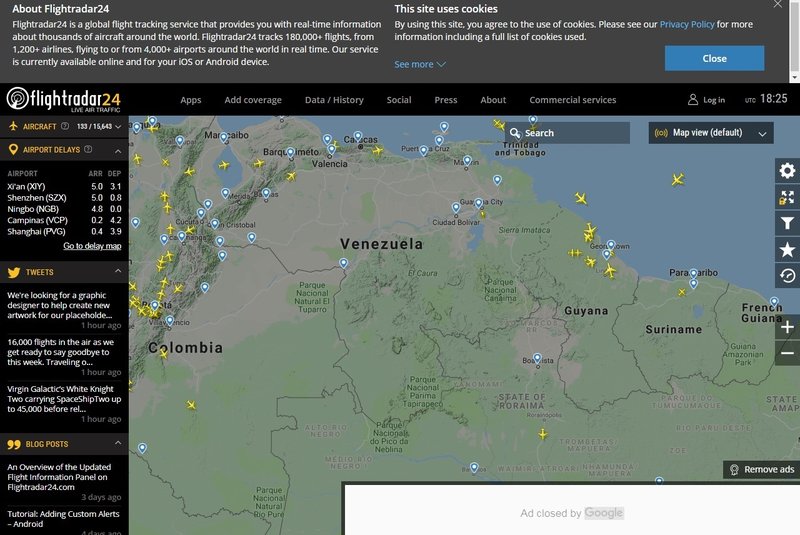 Sistema internacional de satélite que monitora voos mostra que nenhum avião sobrevoa Venezuela hoje.