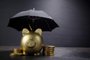 Gold Piggy bank with umbrella concept for finance insurance, protection, safe investment or bankingPORTO ALEGRE, RS, BRASIL,17/10/2019- Cofrinho de ouro com conceito de guarda-chuva para financiamento de seguros, proteção, investimento seguro ou bancário. (Foto: vetre / stock.adobe.com)Fonte: 272268052<!-- NICAID(14293645) -->
