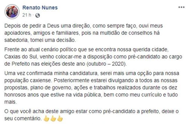 Ex-vereador Renato Nunes (Partido Liberal, antigo PR) anuncia que está se colocando como pré-candidato a prefeito de Caxias do Sul Ex-vereador Renato Nunes (Partido Liberal, antigo PR) anuncia que está se colocando como pré-candidato a prefeito de Caxias do Sul