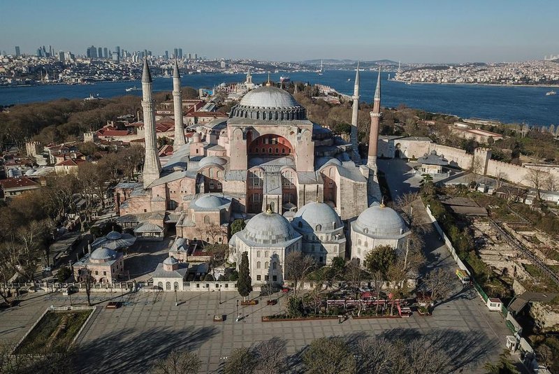 (FILES) In this file photo taken on April 12, 2020 An aerial picture shows Hagia Sophia in Istanbul as Turkish government announced a two-day curfew to prevent the spread of the epidemic COVID-19 caused by the novel coronavirus. - A top Turkish court July 10, 2020, revoked the sixth-century Hagia Sophias status as a museum, clearing the way for it to be turned back into a mosque. The Council of State, the countrys highest administrative court which on July 2 debated a case brought by a Turkish NGO, cancelled a 1934 cabinet decision and ruled the UNESCO World Heritage site would be reopened to Muslim worshipping. (Photo by BULENT KILIC / AFP)<!-- NICAID(14542762) -->
