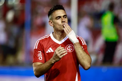 Jeff Botega / Agencia RBS PORTO ALEGRE, RS, BRASIL, 15-01-2026: Campeonato Gaúcho 2026. Borré comemora o segundo gol no jogo do Internacional, no Estádio Francisco Noveletto, o Passo D’Areia, contra o Monsoon, pela segunda rodada do Gauchão. Foto: Jeff Botega/Agência RBS<!-- NICAID(16205046) -->