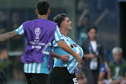 Racing's Uruguayan defender #15 Gaston Martirena celebrates after scoring during the Copa Sudamericana final football match between Argentina's Racing and Brazil's Cruzeiro at La Nueva Olla Stadium in Asuncion on November 23, 2024. (Photo by JUAN MABROMATA / AFP)<!-- NICAID(15920063) -->