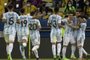 Argentina's Angel Di Maria (2-R) celebrates with teammates after scoring against Brazil during their Conmebol 2021 Copa America football tournament final match at Maracana Stadium in Rio de Janeiro, Brazil, on July 10, 2021. (Photo by CARL DE SOUZA / AFP)<!-- NICAID(14831641) -->