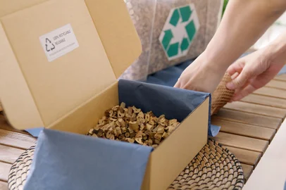 Eco vendor go green packaging parcel carton box in net zero waste store asian seller retail shop. Earth care day small SME owner asia people wrap reuse brown paper pack gift reduce plastic free order.<!-- NICAID(16267863) -->