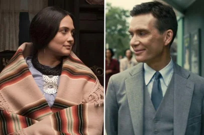 Tela dividida em montagem de Lily Gladstone (à esquerda) e Cillian Murphy (à direita). <!-- NICAID(15616938) -->