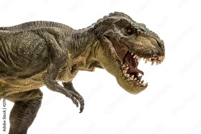 An extreme closeup view of an ominous T-Rex dinosaur figurine isolated against a clean white background. Monstrous animal with sharp teeth.<!-- NICAID(15032491) -->