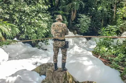 Um caminhão que transportava ácido sulfônico tombou e pegou fogo enquanto trafegava pela rodovia SC-418, na serra Dona Francisca, em Joinville, na manhã desta segunda-feira (29). O produto, usado na fabricação de detergentes e outros produtos de limpeza, vazou e chegou ao rio Seco, que deságua no rio Cubatão.<!-- NICAID(15663963) -->