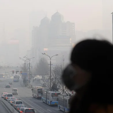 A woman wearing a face mask walks on an overpass in Beijing on January 16, 2014.  China's capital was shrouded in thick smog on January 16, cutting visibility down to a few hundred metres as a count of small particulate pollution reached more than 20 times recommended levels.        AFP PHOTO / WANG ZHAO<!-- NICAID(10149074) -->