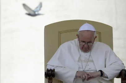 A pigeon flies past Pope Francis during his weekly general audience on St Peter's square on April 17, 2013 at the Vatican.   AFP PHOTO / ANDREAS SOLARO (Photo by Andreas SOLARO / AFP)Editoria: RELLocal: Vatican CityIndexador: ANDREAS SOLAROSecao: popeFonte: AFPFotógrafo: STF<!-- NICAID(15982087) -->