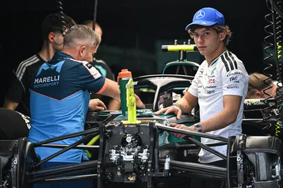 Mercedes' Italian driver Kimi Antonelli looks on from his team garage ahead of the Formula One Bahrain Grand Prix, in Sepang on October 1, 2026. (Photo by Jade GAO / AFP)<!-- NICAID(16378198) -->