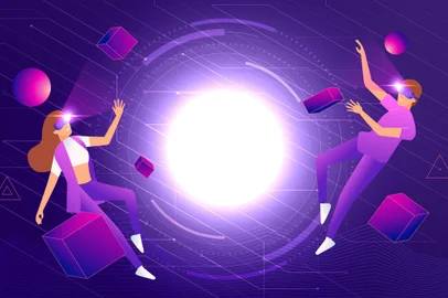 Metaverse or Virtual reality technology concept. Man and woman in digital glasses. Teenage gamer wearing VR headset playing game.Fonte: 475800235Fotógrafo: Metaverse or Virtual reality tec<!-- NICAID(15057433) -->