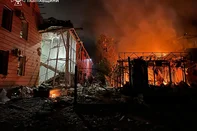 This handout photograph taken and released by the Ukrainian Emergency Service on June 6, 2025 shows damaged buildings on fire following Russian strike in Poltava region, amid Russian invasion in Ukraine. (Photo by Handout / UKRAINIAN EMERGENCY SERVICE / AFP) / RESTRICTED TO EDITORIAL USE - MANDATORY CREDIT "AFP PHOTO / UKRAINIAN EMERGENCY SERVICE " -  HANDOUT - NO MARKETING NO ADVERTISING CAMPAIGNS - DISTRIBUTED AS A SERVICE TO CLIENTS - AFP CANNOT INDEPENDENTLY  THE AUTHENTICITY OR LOCATION, DATE, AND CONTENT OF THESE IMAGES. / <!-- NICAID(16053741) -->