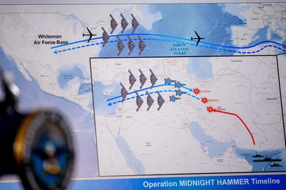 ARLINGTON, VIRGINIA - JUNE 22: An operational timeline of a strike on Iran is displayed during a news conference with Chairman of the Joint Chiefs of Staff Air Force Gen. Dan Caine and U.S. Defense Secretary Pete Hegseth at the Pentagon on June 22, 2025 in Arlington, Virginia. U.S. President Donald Trump gave an address to the nation last night after three Iranian nuclear facilities were struck by the U.S. military.   Andrew Harnik/Getty Images/AFP (Photo by Andrew Harnik / GETTY IMAGES NORTH AMERICA / Getty Images via AFP)<!-- NICAID(16064918) -->