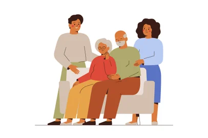 Senior parents and their adult children have come together. Two generations: father, mother and their son with his wife hold hands and embrace. Concept of family support and care. Vector illustration<!-- NICAID(15912368) -->