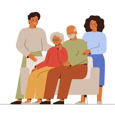 Senior parents and their adult children have come together. Two generations: father, mother and their son with his wife hold hands and embrace. Concept of family support and care. Vector illustration<!-- NICAID(15912368) -->