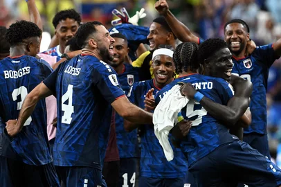 Cape Verde players celebrate after the 2026 World Cup Group H football match between Cape Verde and Saudi Arabia at the Houston Stadium in Houston on June 26, 2026. The game finished 0-0. (Photo by RONALDO SCHEMIDT / AFP)<!-- NICAID(16315531) -->