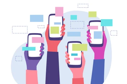 Trending topics, global communication. Diverse group of friends sharing news and messages on social media groups. Hands holding smartphones with online content around. Flat style vector illustration Fonte: 267802630<!-- NICAID(15065867) -->